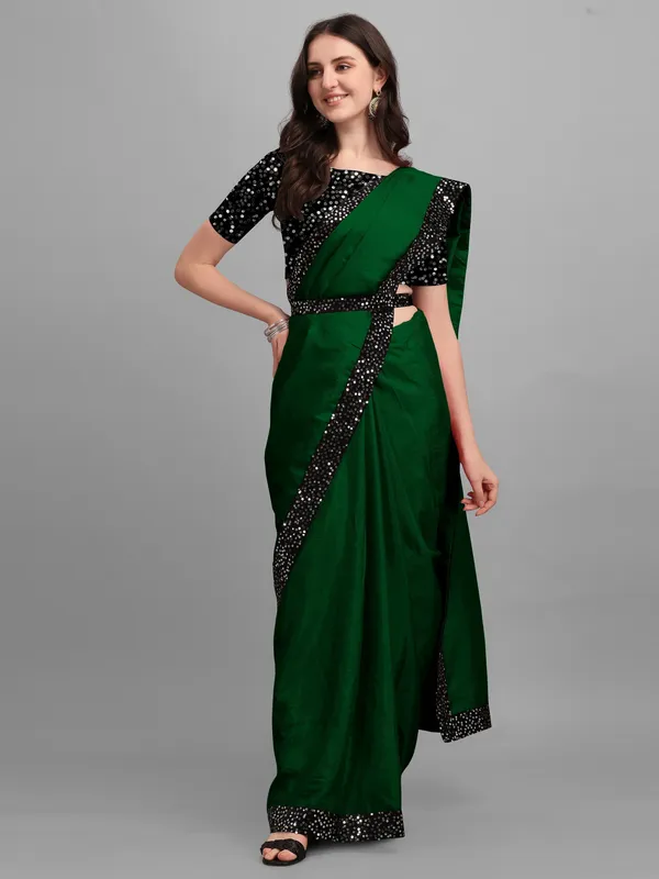 Dark_Green_Lycra_Blend_Solid/Plain::Embellished_Bollywood_Saree_For_Women