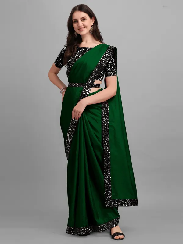 Dark_Green_Lycra_Blend_Solid/Plain::Embellished_Bollywood_Saree_For_Women
