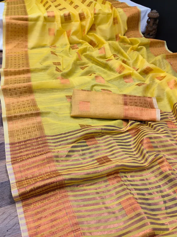 Yellow_Cotton_Linen_Self_Design_Ilkal_Saree_For_Women