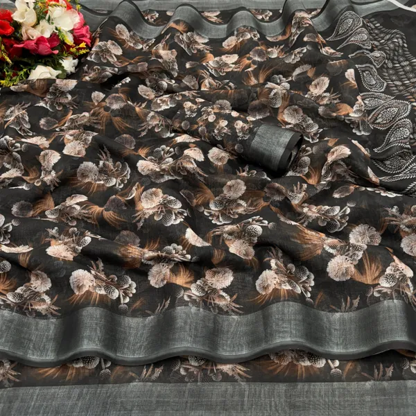 Black_Linen_Digital_Print_Daily_Wear_Saree_For_Women