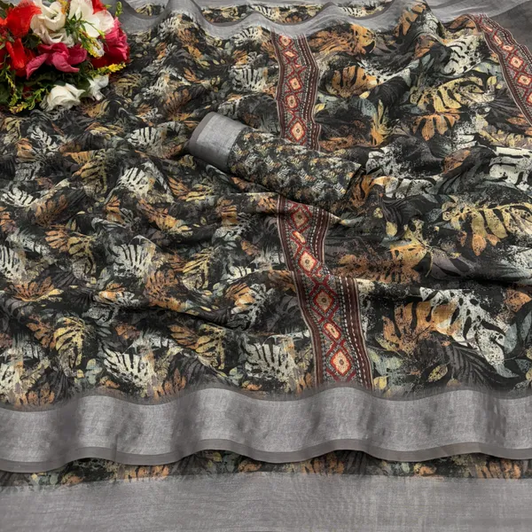 Black_Linen_Digital_Print_Daily_Wear_Saree_For_Women