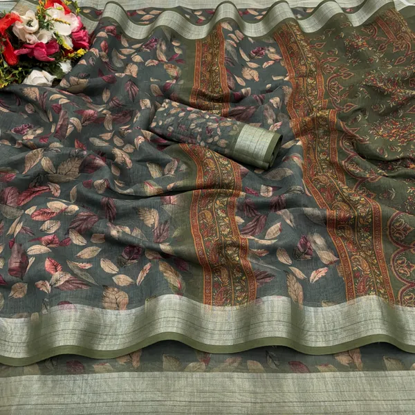 Green_Linen_Digital_Print_Daily_Wear_Saree_For_Women
