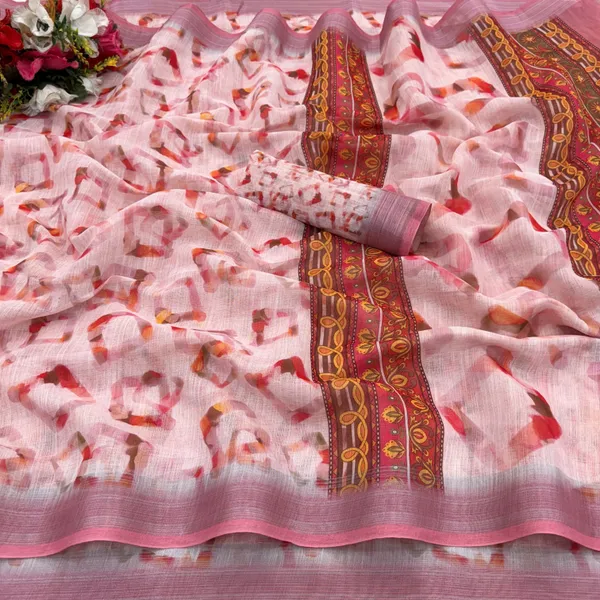 Pink_Linen_Digital_Print_Daily_Wear_Saree_For_Women