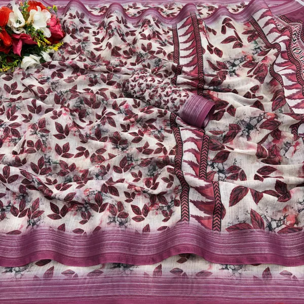 White_Linen_Digital_Print_Daily_Wear_Saree_For_Women