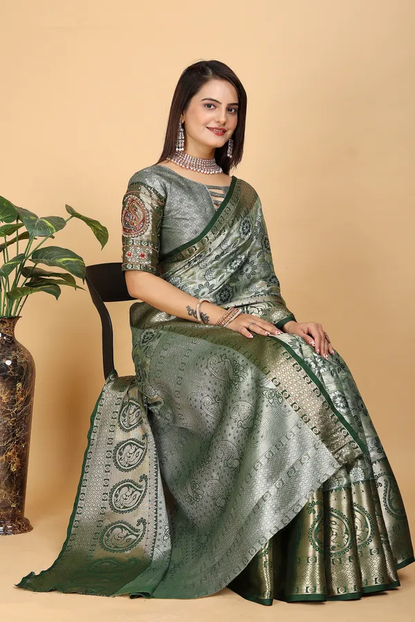 Dark_Green_Tussar_Silk_Woven_Handloom_Saree_For_Women