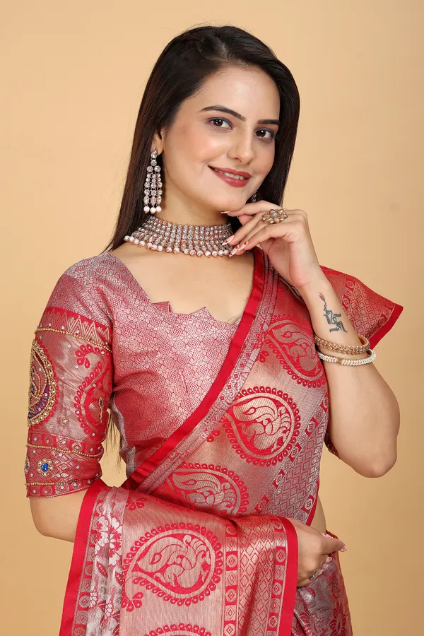 Red_Tussar_Silk_Woven_Handloom_Saree_For_Women