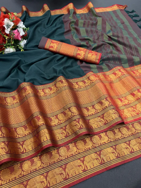 Dark_Green_Jacquard_Self_Design_Banarasi_Saree_For_Women