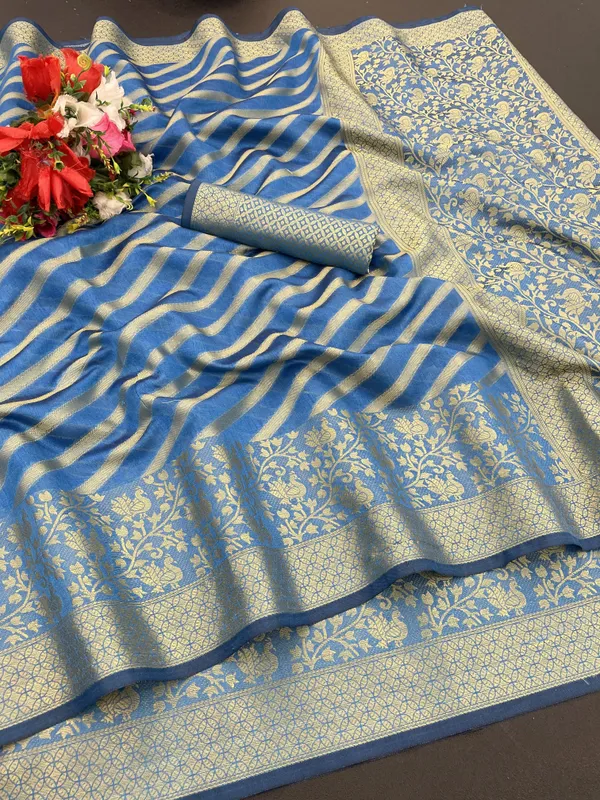 Blue_Organza_Woven_Leheria_Saree_For_Women