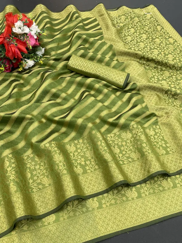 Green_Organza_Woven_Leheria_Saree_For_Women
