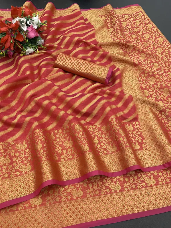 Red_Organza_Woven_Leheria_Saree_For_Women
