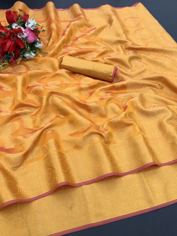 Gold_Organza_Woven_Leheria_Saree_For_Women