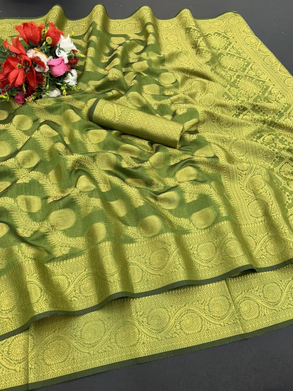 Green_Organza_Woven_Leheria_Saree_For_Women