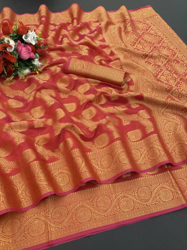 Red_Organza_Woven_Leheria_Saree_For_Women