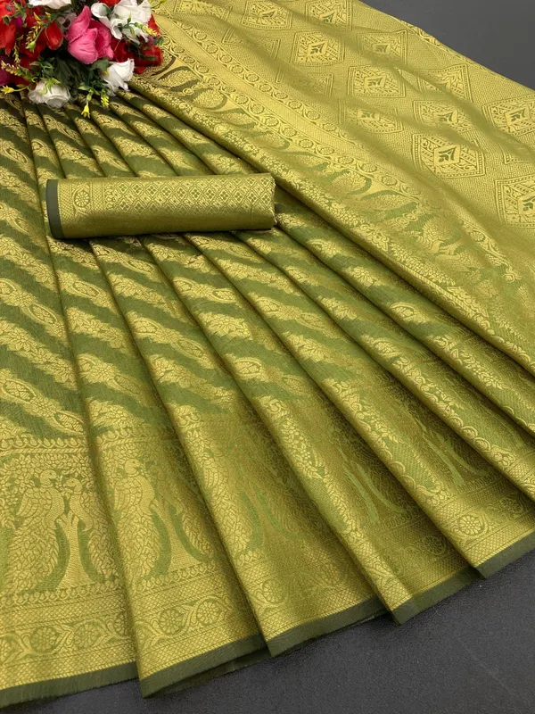 Green_Organza_Woven_Leheria_Saree_For_Women