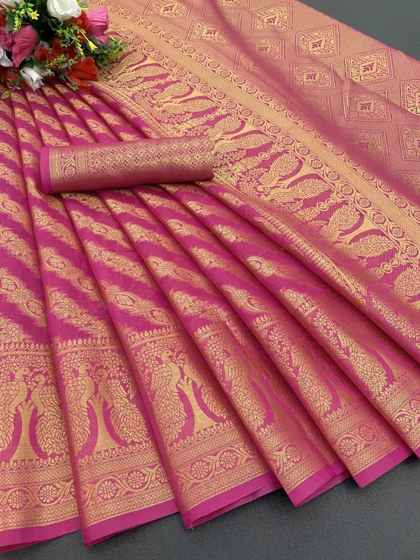 Magenta_&_Gold_Organza_Woven_Leheria_Saree_For_Women