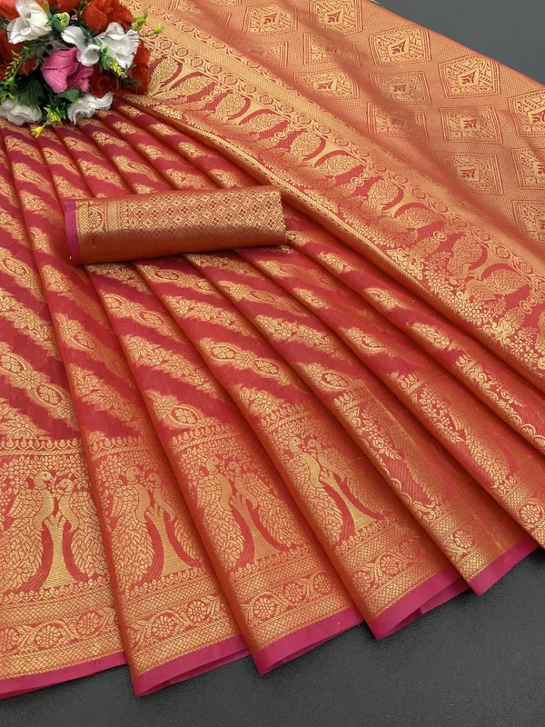 Red_Organza_Woven_Leheria_Saree_For_Women