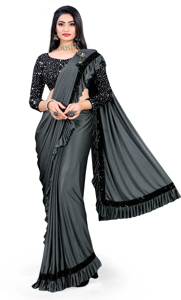 Grey_Lycra_Blend_Solid/Plain_Bollywood_Saree_For_Women