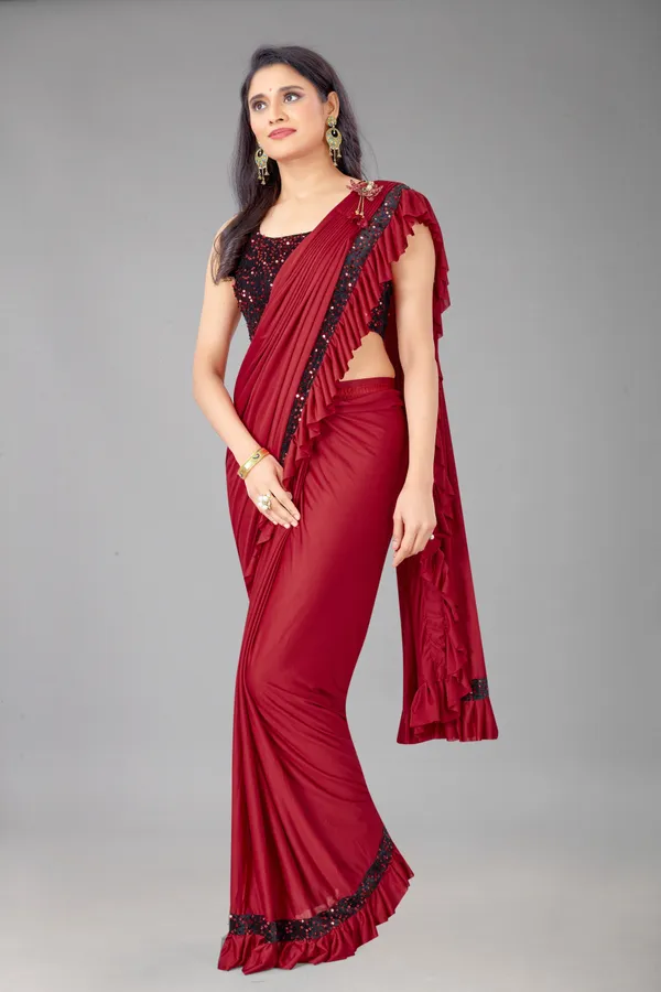 Maroon_Lycra_Blend_Solid/Plain_Bollywood_Saree_For_Women