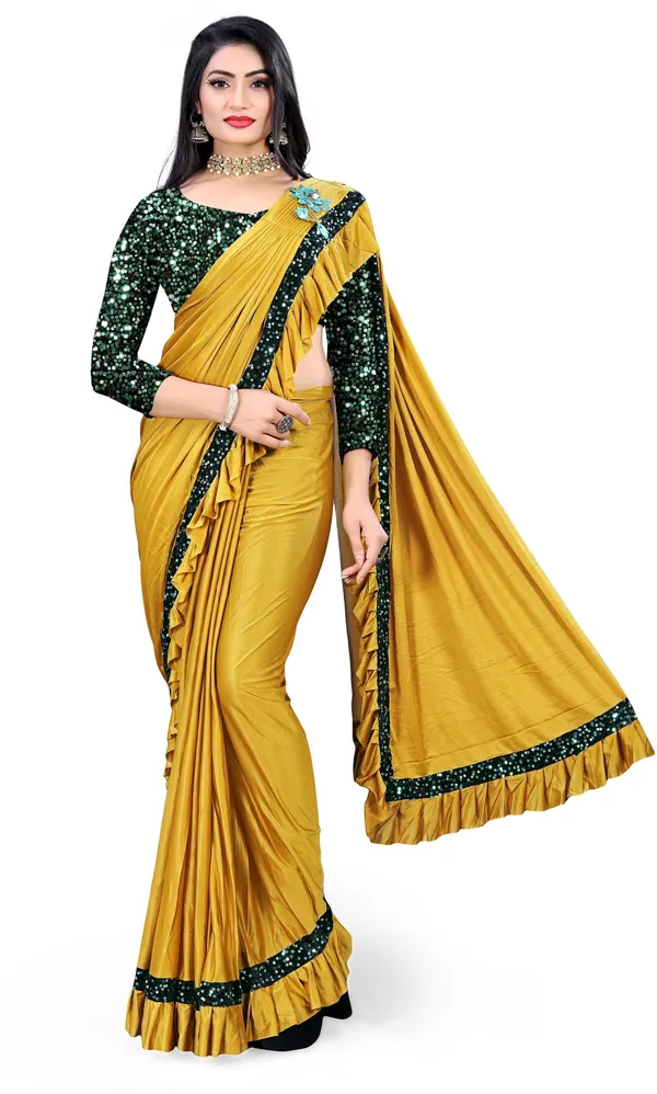 Mustard_Lycra_Blend_Solid/Plain_Bollywood_Saree_For_Women