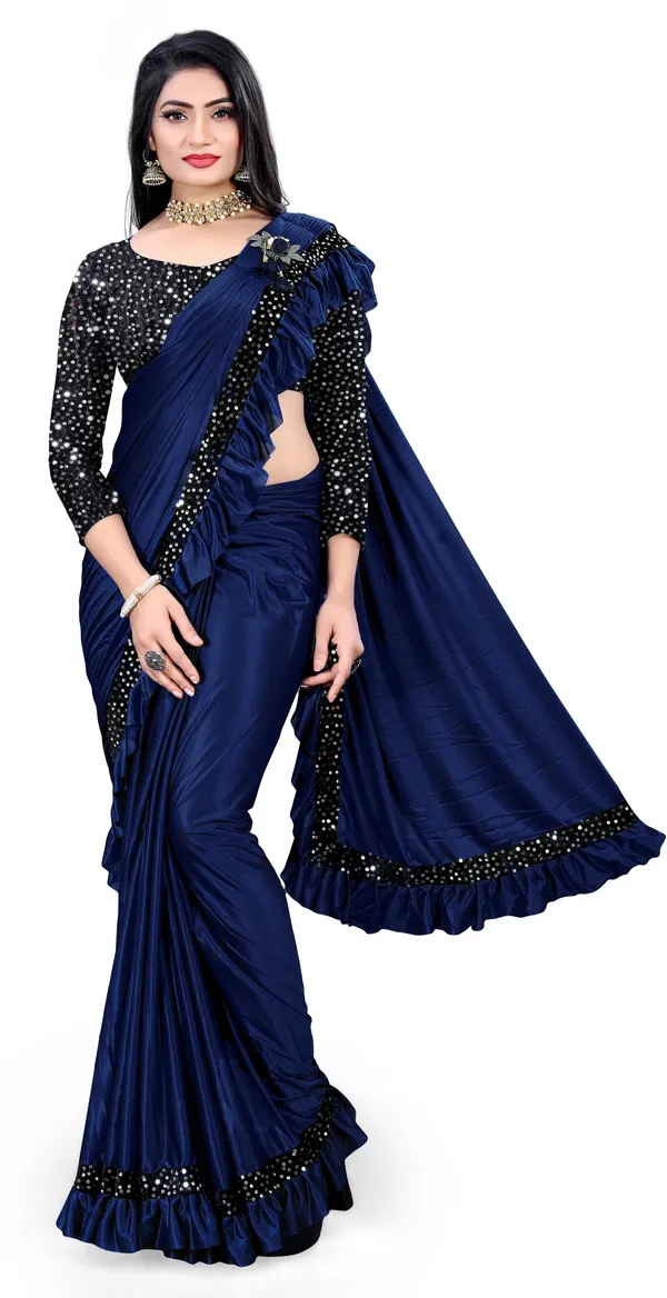 Dark_Blue_Lycra_Blend_Solid/Plain_Bollywood_Saree_For_Women