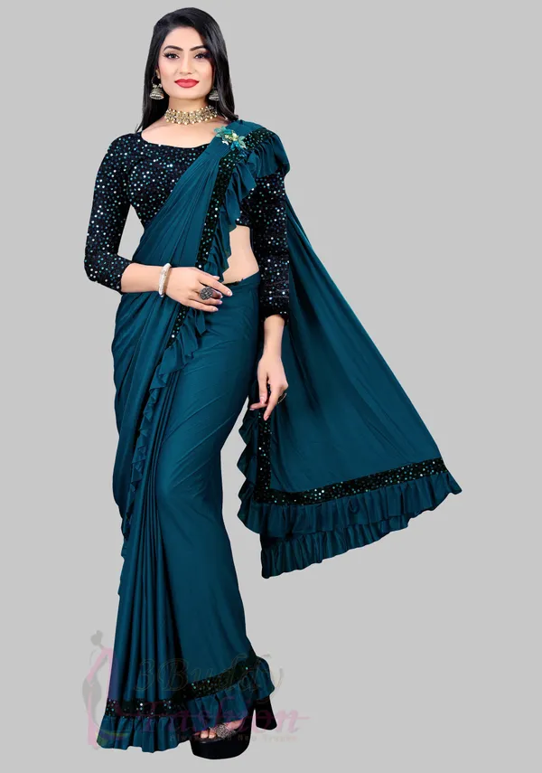 Dark_Blue_Lycra_Blend_Solid/Plain_Bollywood_Saree_For_Women