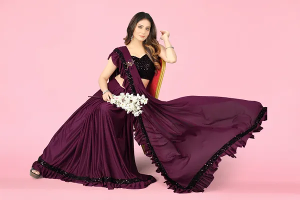 Purple_Lycra_Blend_Solid/Plain_Bollywood_Saree_For_Women
