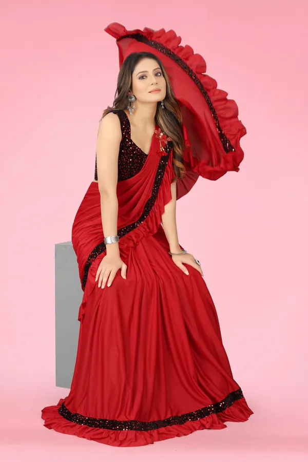 Red_Lycra_Blend_Solid/Plain_Bollywood_Saree_For_Women