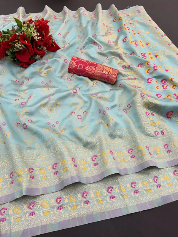 Light_Blue_Cotton_Blend_Woven_Banarasi_Saree_For_Women