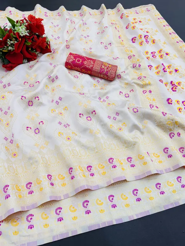 White_Cotton_Blend_Woven_Banarasi_Saree_For_Women