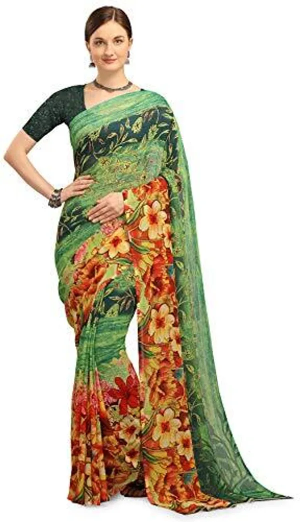 Green_Georgette_Printed_Daily_Wear_Saree_For_Women