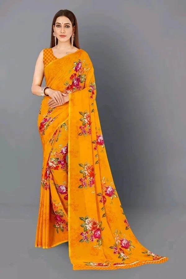 Yellow_Georgette_Floral_Print_Daily_Wear_Saree_For_Women