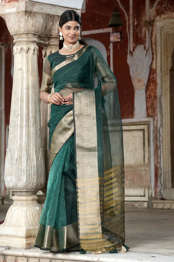 Dark_Green_Organza_Woven_Bollywood_Saree_For_Women