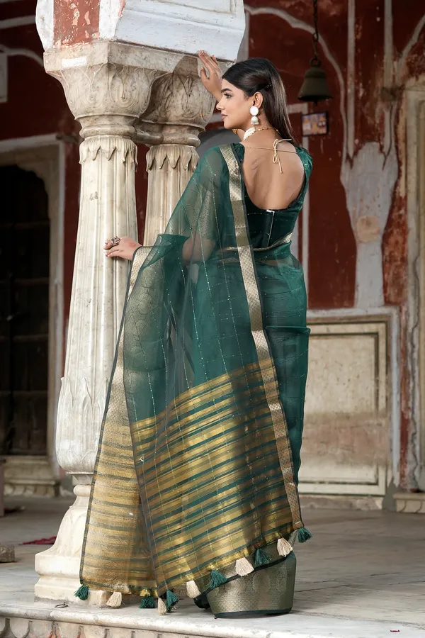 Dark_Green_Organza_Woven_Bollywood_Saree_For_Women