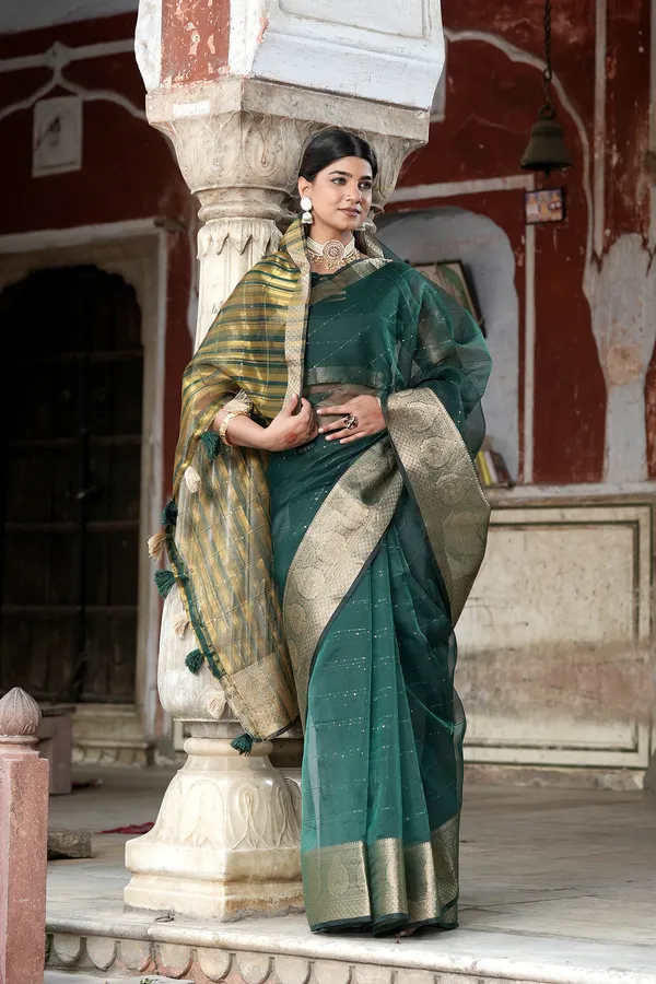 Dark_Green_Organza_Woven_Bollywood_Saree_For_Women