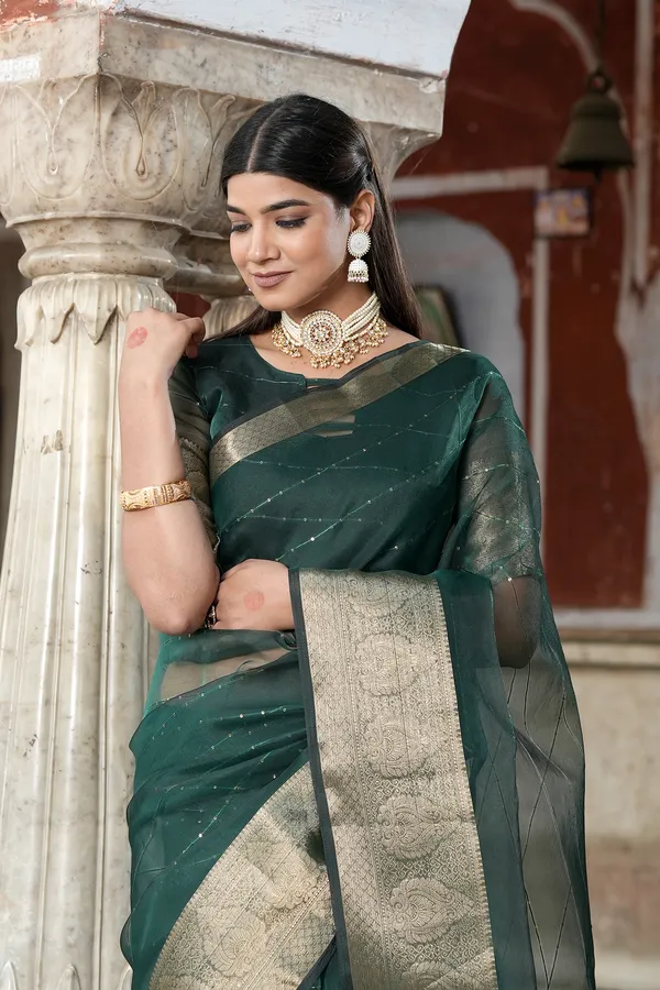 Dark_Green_Organza_Woven_Bollywood_Saree_For_Women