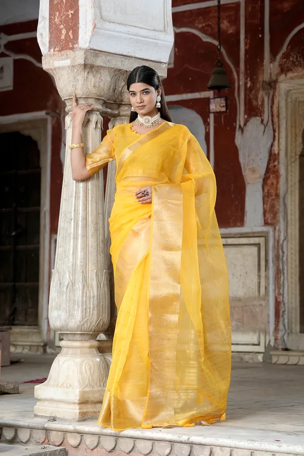 Yellow_Organza_Woven_Bollywood_Saree_For_Women