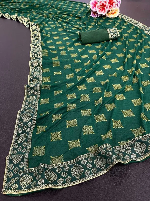 Dark_Green_Lycra_Blend_Printed_Banarasi_Saree_For_Women