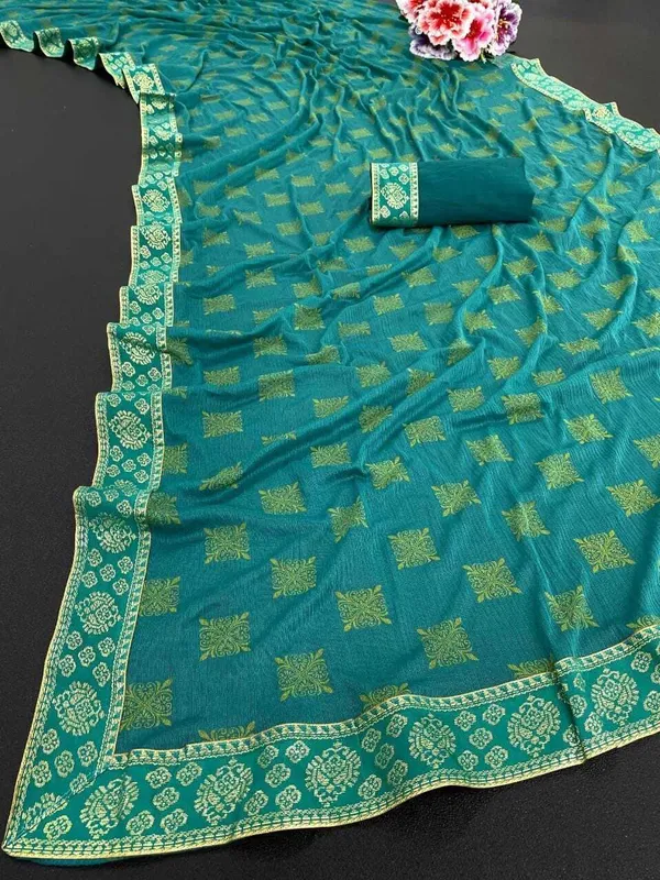 Light_Blue_Lycra_Blend_Printed_Banarasi_Saree_For_Women
