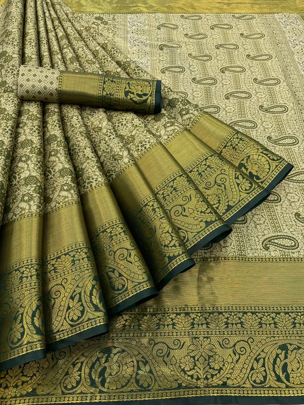 Dark_Green_Silk_Blend_Floral_Print_Banarasi_Saree_For_Women