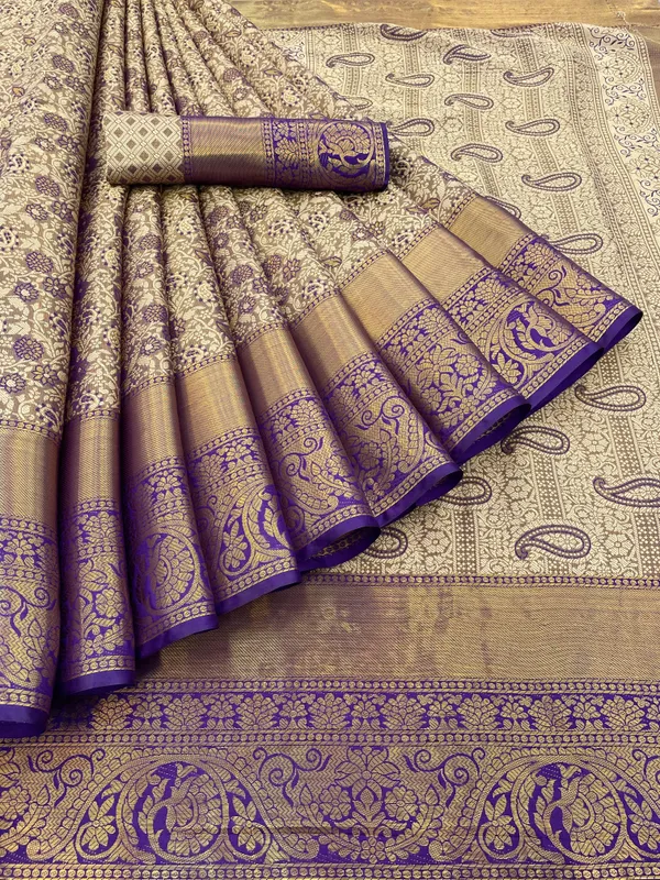 Blue_Silk_Blend_Floral_Print_Banarasi_Saree_For_Women