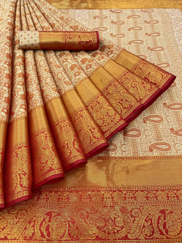 Red_Silk_Blend_Floral_Print_Banarasi_Saree_For_Women