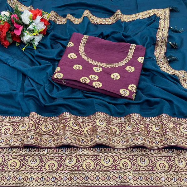 Teal_Vichitra_Silk_Traditional_Saree_For_Women