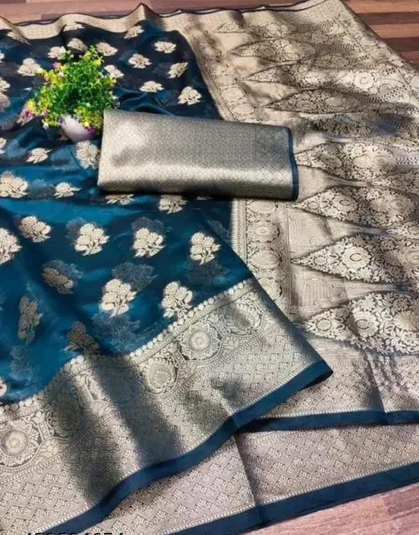 Teal_Premium_Organza_Saree_For_Women