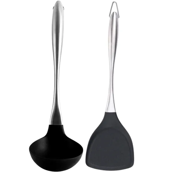 2_Pcs_Black_Spatula_and_Ladle_Set_Stainless_Steel_Handle