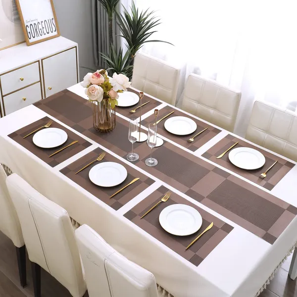 Combo_Of_6_Woven_Vinyl_Placemats_With_1_Pcs_Table_Runner_Set_(Brown)