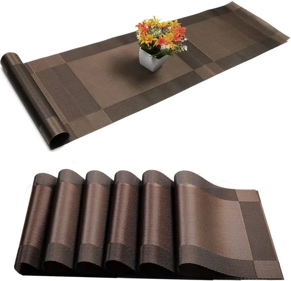 Combo_Of_6_Woven_Vinyl_Placemats_With_1_Pcs_Table_Runner_Set_(Brown)