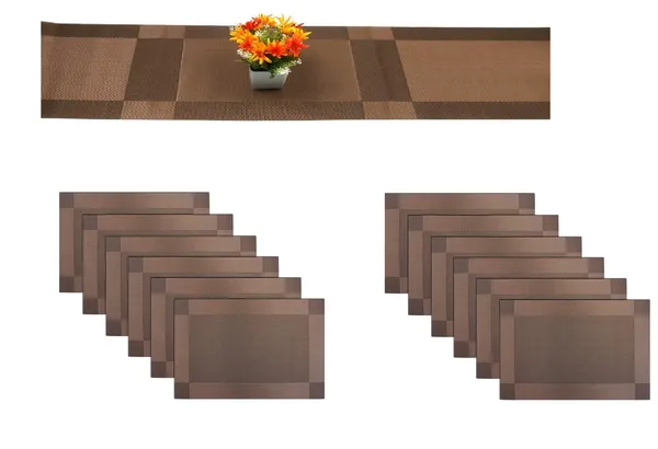 Combo_Of_12_Woven_Vinyl_Placemats_With_1_Pcs_Table_Runner_Set_(Brown)