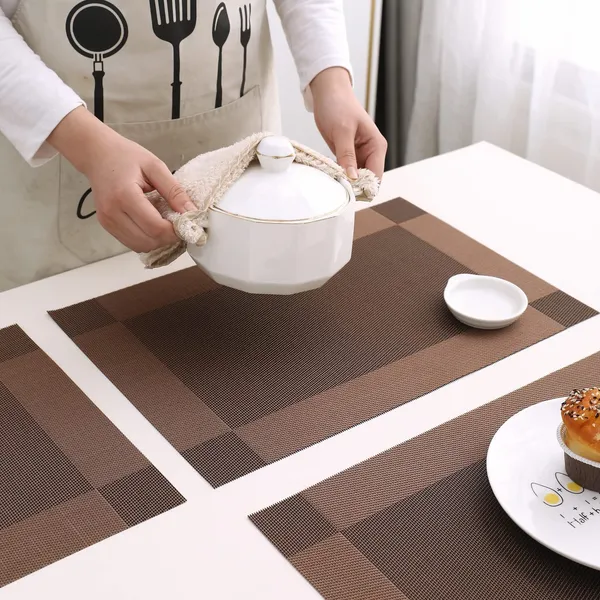 Combo_Of_12_Woven_Vinyl_Placemats_With_1_Pcs_Table_Runner_Set_(Brown)