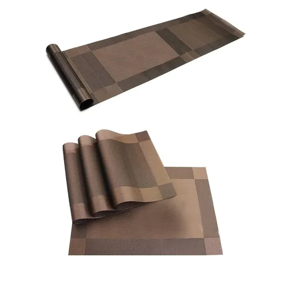 Combo_Of_4_Woven_Vinyl_Placemats_With_1_Pcs_Table_Runner_Set_(Brown)