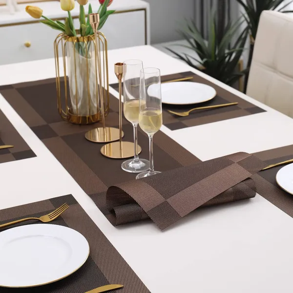 Combo_Of_4_Woven_Vinyl_Placemats_With_1_Pcs_Table_Runner_Set_(Brown)